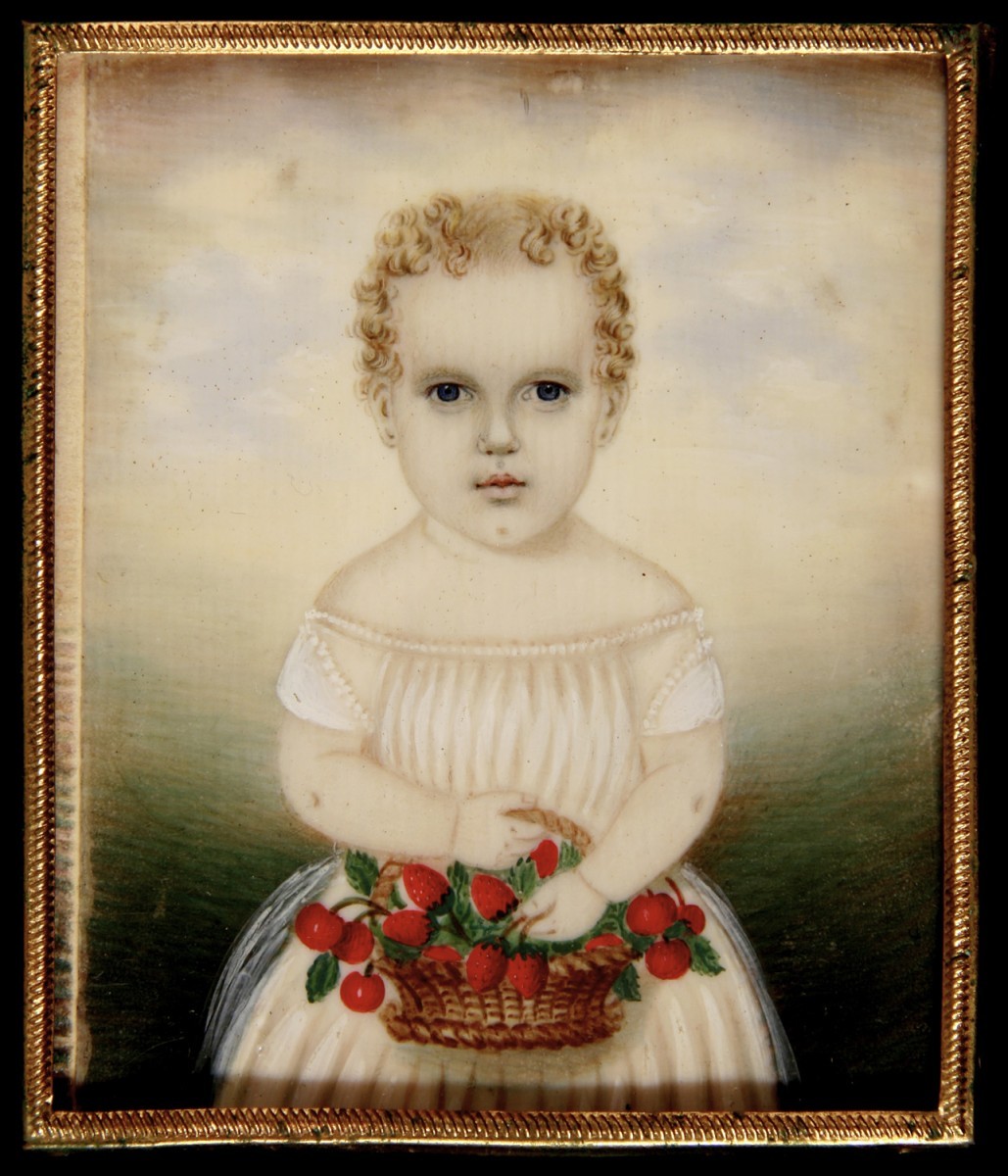 Joan R. Brownstein and Peter H. Eaton. Miniature Portrait of a child holding a basket of strawberries, by Mrs. Moses B. Russell. Boston, c.1845.