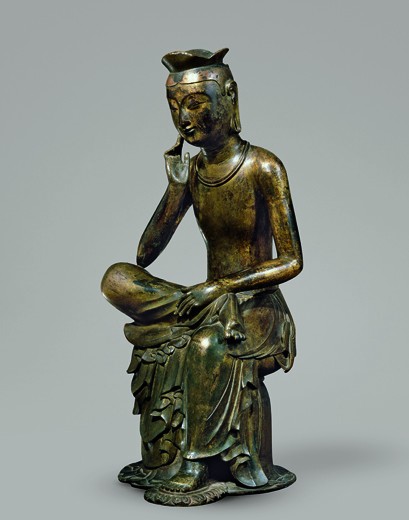 Bodhisattva in pensive pose, probably Maitreya (Korean: Mireuk). Korea, Silla kingdom, late 6th&ndash;early 7th century. Gilt bronze; H. 36 7/8 in. (93.5 cm). National Museum of Korea, National Treasure 83